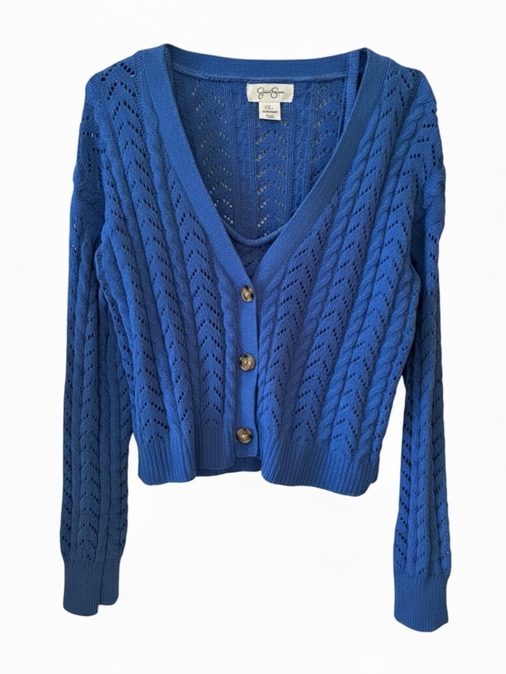 Cottagecore Royal Blue Open-Knit V-Neck Button Cardigan
